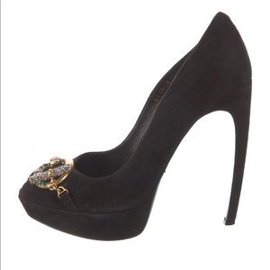 Alexander McQueen Black Suede Crystal Peep Toe Heels sz 38.